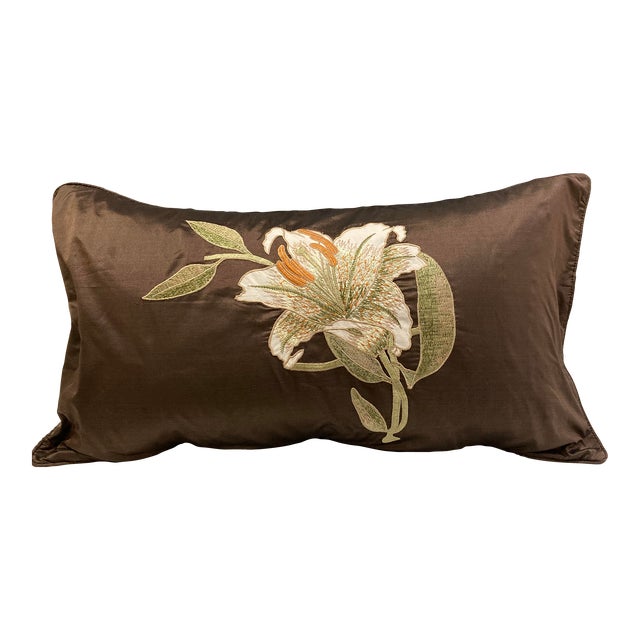 Floral Embroidered Decorative Accent Satin Lumbar Pillow Cover For Sale
