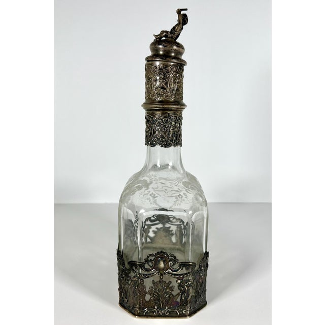 Metal Antique Hanau Silver Mounted Etched Glass Decanter: French Rococo, Georg Roth & Co. For Sale - Image 7 of 10