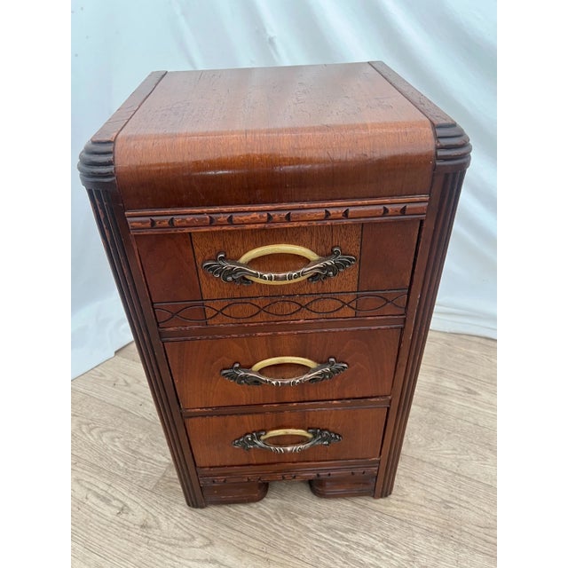 Brown 1920s Art Deco Nightstand Bed Side Table Three Drawers Bakelite Handles Waterfall Top For Sale - Image 8 of 12