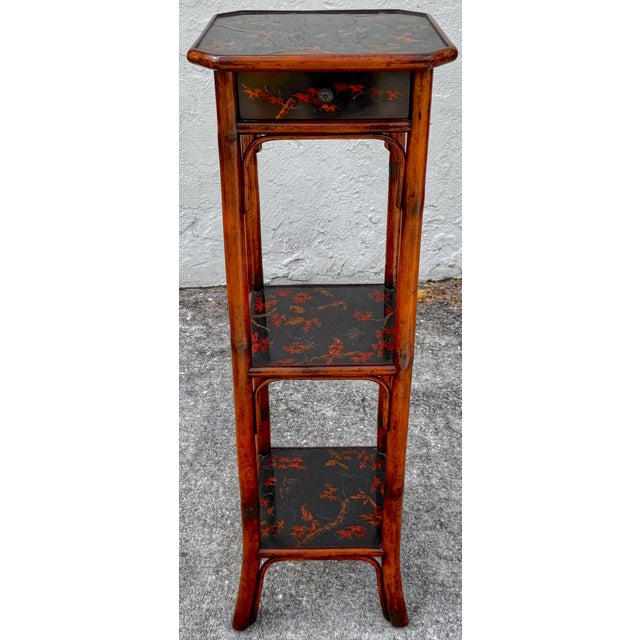 Late 20th Century Chinoiserie Lacquered Bamboo 3-Tier Pedestal & Drawer For Sale - Image 5 of 8