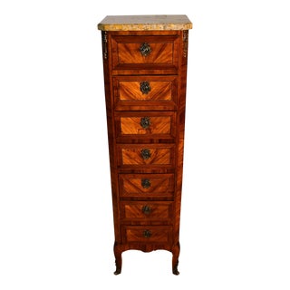 1900s Antique French Louis XV Walnut Satinwood Inlay & Marble Top Lingerie Stand For Sale