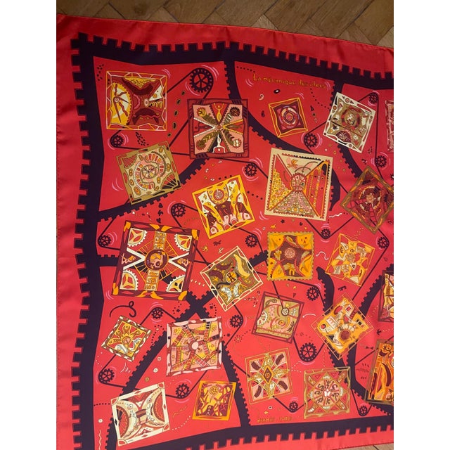 HERMES MECHANICS of IDEAS red silk scarf designed by Henry Christine 2004 France This bright red scarf features a series...