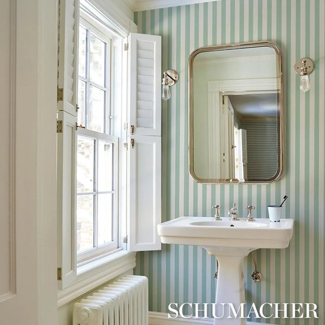 Schumacher SAMPLE - Schumacher Emma Stripe Wallpaper In Seaglass For Sale - Image 4 of 4