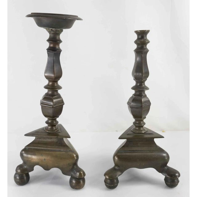 Renaissance Near Pair of Early Heavy Flemish Dutch Bronze Candleholders For Sale - Image 3 of 13