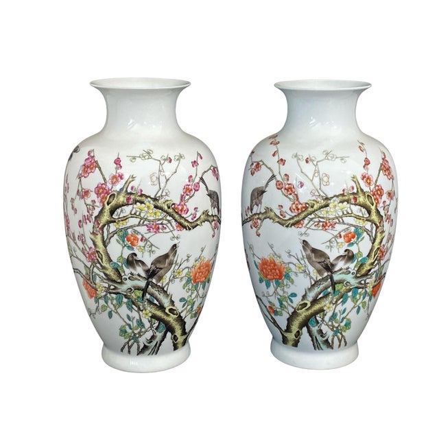 Chinoiserie Chinoiserie Pair of Porcelain Egg Shell Spring Vases 14" H For Sale - Image 3 of 8
