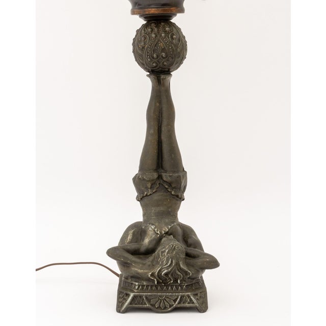 Metal Early 20th Century Art Deco Figural Amber Glass Globe Shade Lamp For Sale - Image 7 of 10