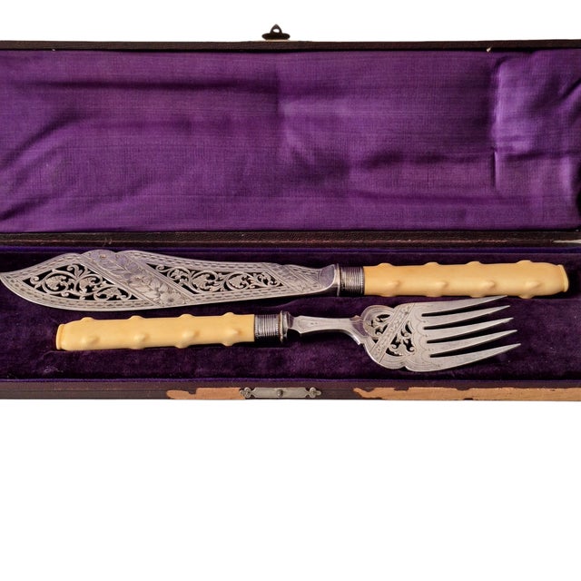 Sheffield England silver plated antique 1910s Fish Serving Set (knife and fork) with engraving in original leather gold...