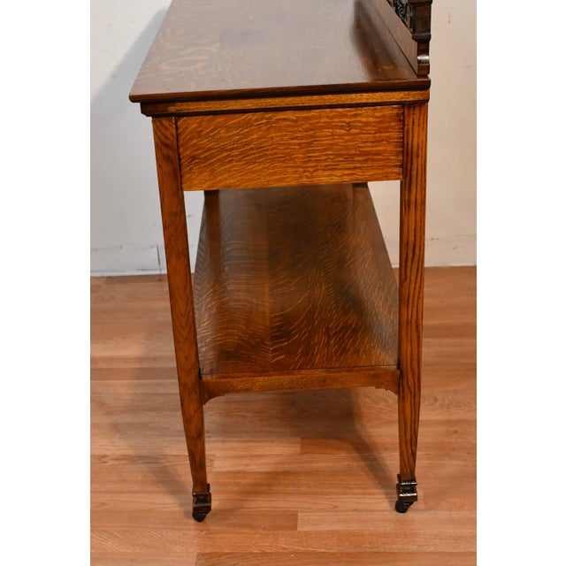 1900 Antique English Renaissance Revival Tiger Oak Carved Server / Buffet For Sale - Image 9 of 17