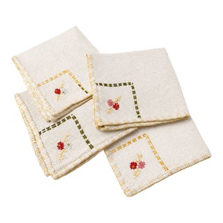 Vintage Hand-Embroidered Linen Cocktail Napkins | Set of 4 | European Floral Needlework For Sale