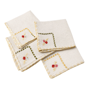 Vintage Hand-Embroidered Linen Cocktail Napkins | Set of 4 | European Floral Needlework