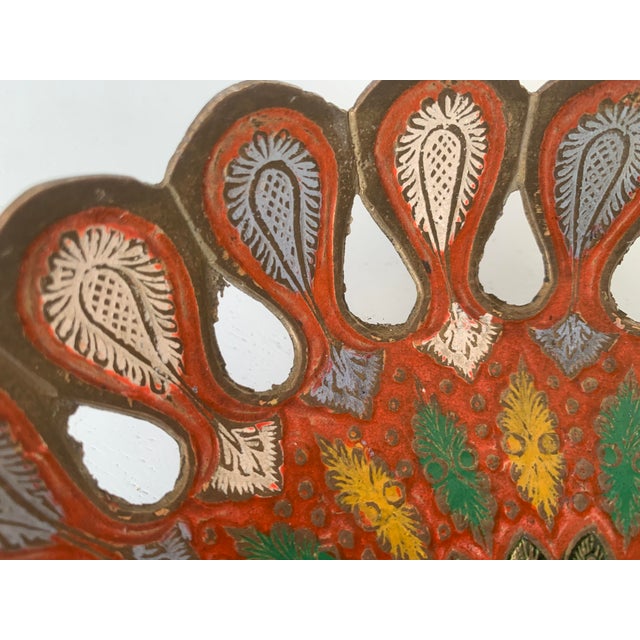 Hand-Painted Brass Plate with Peacock, 1970s For Sale - Image 4 of 11