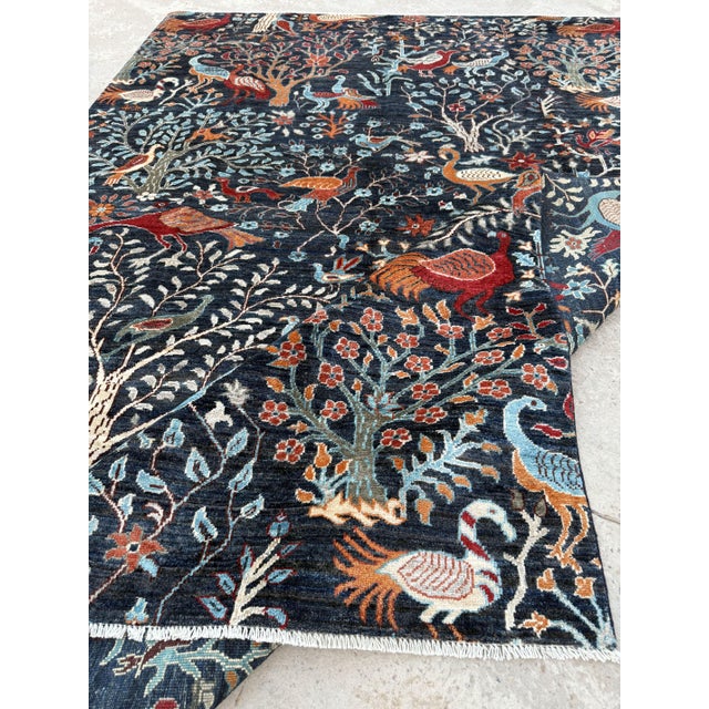 Sky Blue Tree of Life Area Rug, Hand-Knotted Wool, Pictorial, 6x9, Navy & Rust For Sale - Image 8 of 11