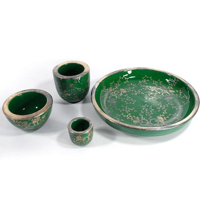Silver Overlay Green Ceramic Set from C&P Firenze, Italy, 1950s, Set of 4 For Sale - Image 4 of 12