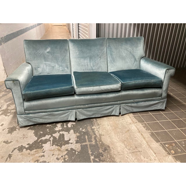 1950s Mid-20th Century Aqua Velvet Couch For Sale - Image 5 of 12