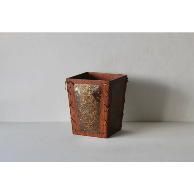 Pieced Copper Plate Leather Western Theme Wastebasket Vintage For Sale - Image 12 of 14