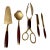 Mid 20th Century Rosewood & Brass Flatware 5 Serving Pieces Tongs Pie Bonbon Spoon Cheese Knife For Sale