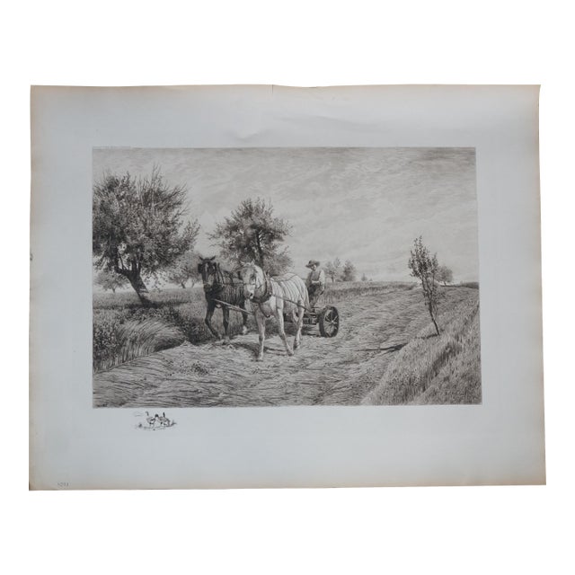 Antique Peter Moran Farming Mowing Boy Riding Plough Landscape Etching 27" For Sale