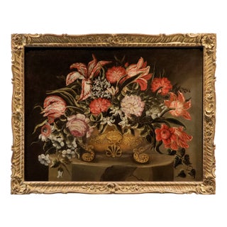 Maestro dei Vasi a Grottesche, Flower Composition in a Renaissance Vase, 17th Century, Oil Painting on Canvas, Framed For Sale