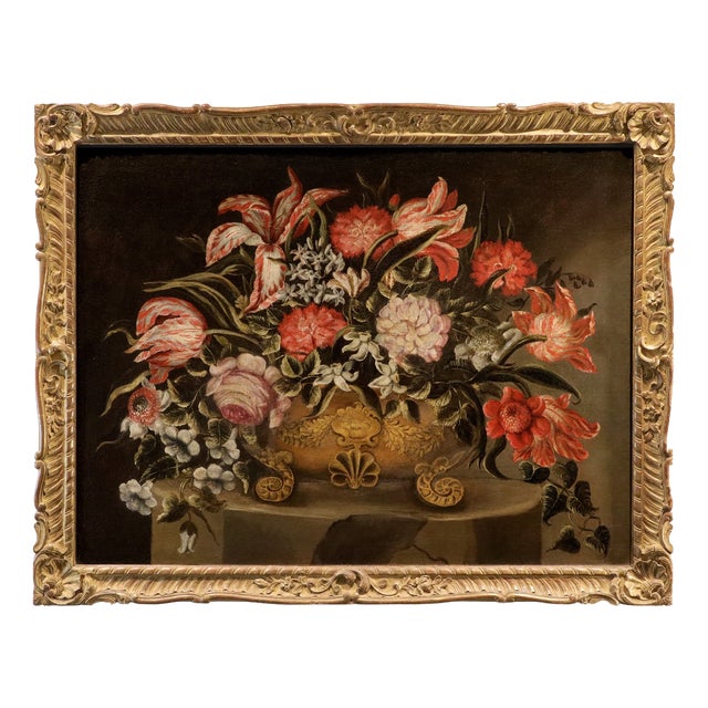 Maestro dei Vasi a Grottesche, Flower Composition in a Renaissance Vase, 17th Century, Oil Painting on Canvas, Framed For Sale