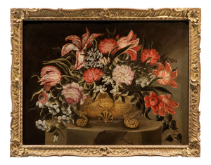 Maestro dei Vasi a Grottesche, Flower Composition in a Renaissance Vase, 17th Century, Oil Painting on Canvas, Framed
