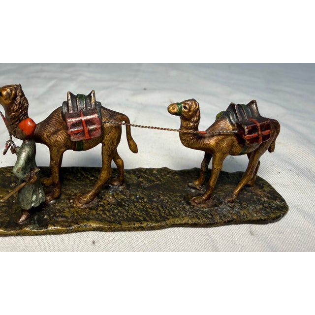 Antique 19th Century Mini Cold Painted Austrian Vienna Bronze Man 2 Camel Statue For Sale In New York - Image 6 of 12