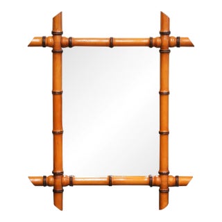 Mid-Century French Faux Bamboo Wood Wall Mirror With Warm Patina For Sale