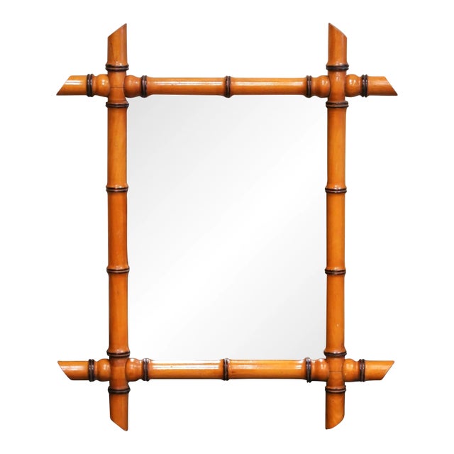 Mid-Century French Faux Bamboo Wood Wall Mirror With Warm Patina For Sale