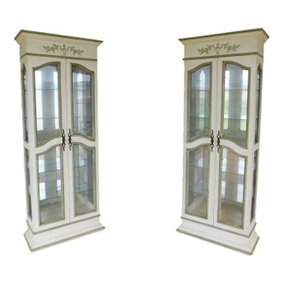 Hekman French Country Style Alabaster Lime Green Lighted Curio Cabinets- A Pair For Sale