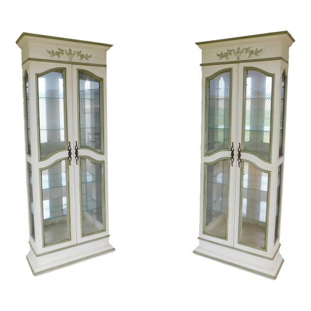 Hekman French Country Style Alabaster Lime Green Lighted Curio Cabinets- A Pair For Sale