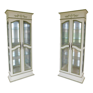 Hekman French Country Style Alabaster Lime Green Lighted Curio Cabinets- A Pair
