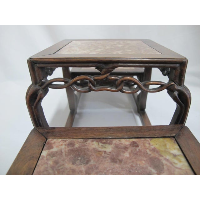 Brown Antique Chinese Marble Inset Carved Wood 3 Step Tier Scholar Display Stand For Sale - Image 8 of 14