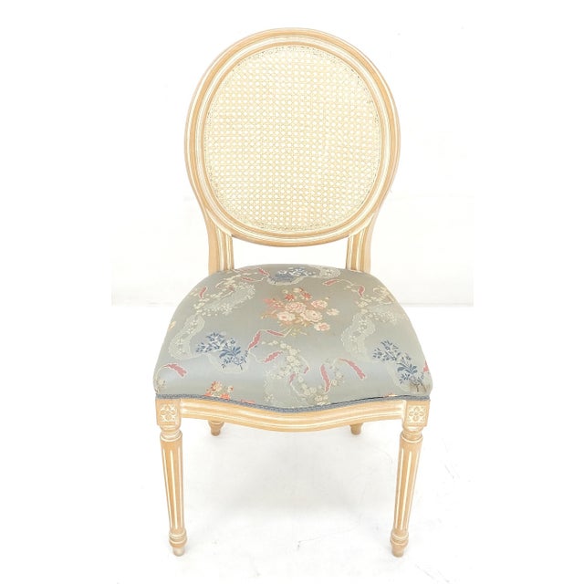 Mid 20th Century Oval Back Silk Upholstery Cane Back White Wash Finish French Side Chair CLEAN For Sale - Image 5 of 9