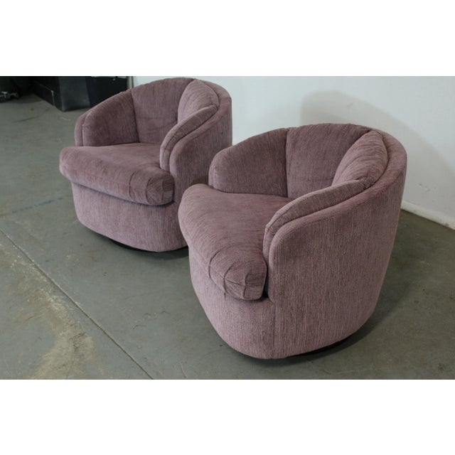 Textile Pair of Mid-Century Modern Milo Baughman Style 360 Swivel Club Chairs on Plinth Bases For Sale - Image 7 of 11