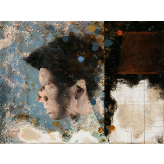 Salon by Matthew Saba | Oil on panel Portrait of a person with abstract background elements For Sale