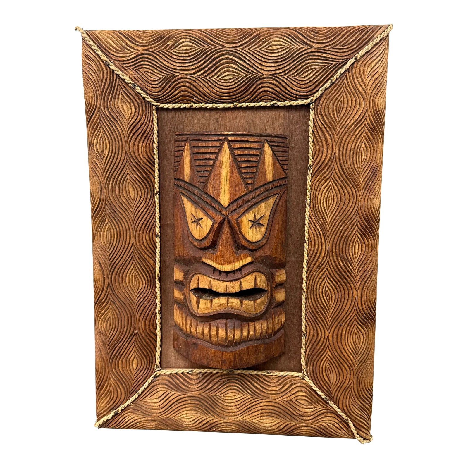 Love Tiki Mask + Carved Wooden Frame | Chairish