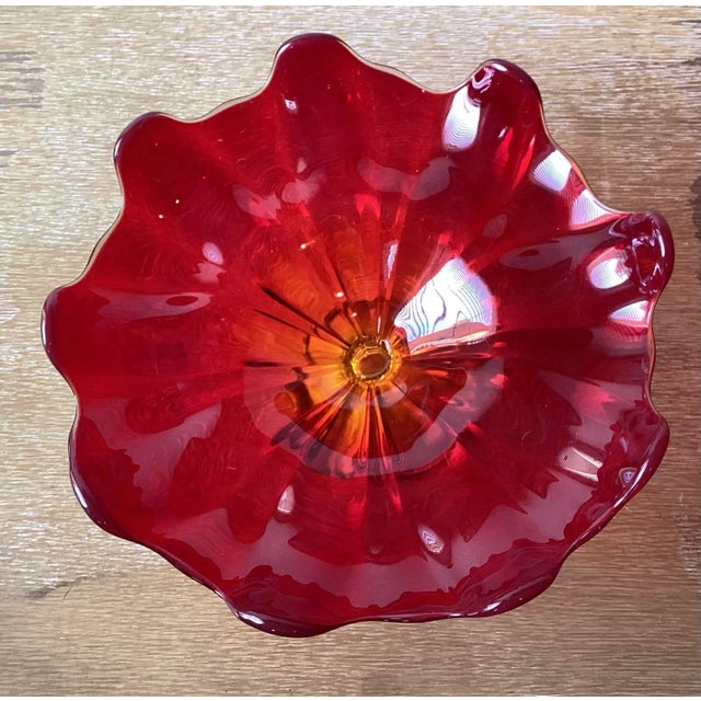 Mid Century Modern Red Amberina Glass Footed Centerpiece Fruit Bowl