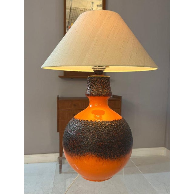 Orange and Brown Fat Lava Ceramic Table Lamp with Silk Shade from Jasba For Sale - Image 11 of 11