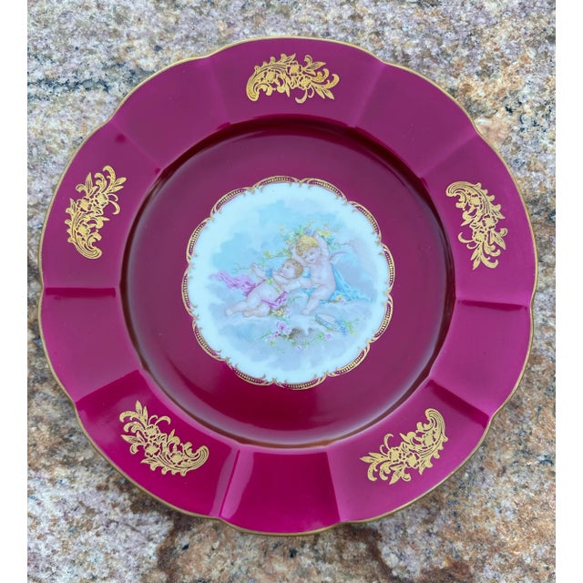 Vintage French Hand Painted Cherubs Gold Gilt Red Porcelain Decorative Plate For Sale - Image 4 of 10