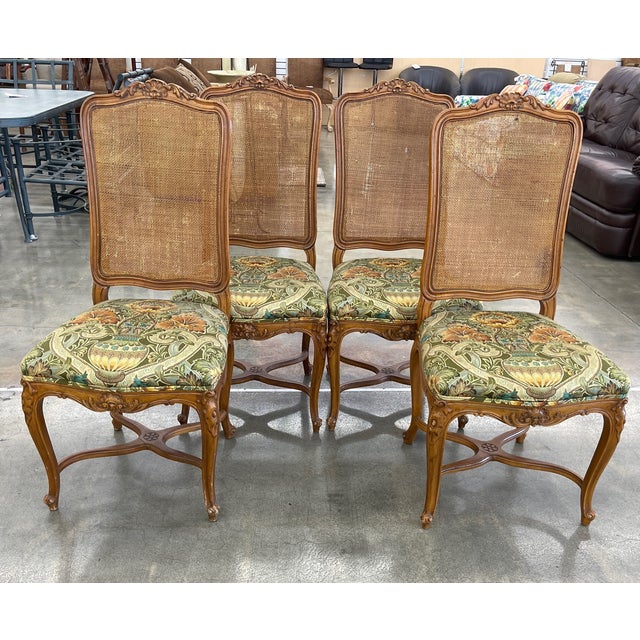 4 John Widdicomb carved wood cane back French Country Louis XV style dining chairs. Beautiful vase with a floral print in...