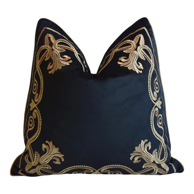 Gold Embroidered Floral Botanical Black Velvet Feather/Down Pillow 20" Square For Sale