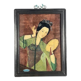 Antique Chinese Reverse Glass Painting Court Beauty Republic Period - Pristine For Sale