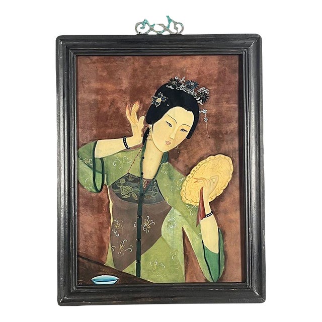 Antique Chinese Reverse Glass Painting Court Beauty Republic Period - Pristine For Sale