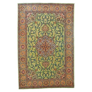 Antique Persian Tabriz 7X10 Green, Yellow & Red Handmade Area Rug #9902847