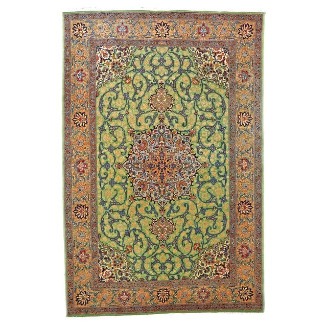 Antique Persian Tabriz Wool 7x10 Green, Yellow & Red Handmade Area Rug #9902847 For Sale