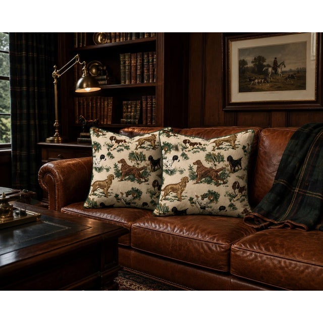 One pair of Portfolio Textiles down and feather pillows called Setters measuring 22 X 22 with a dark green contrast welt...