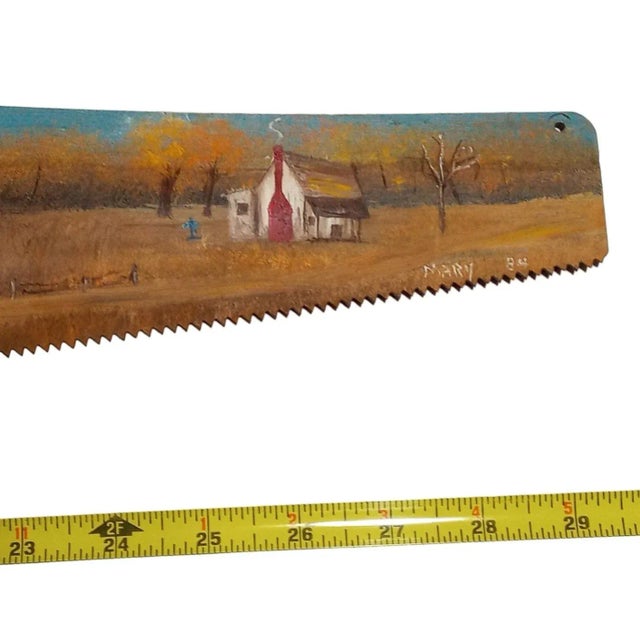 1980s Country Folk Art Wall Decor Farmhouse Painting Primitive Saw Cross Grave Marker Signed Ooak For Sale - Image 9 of 12