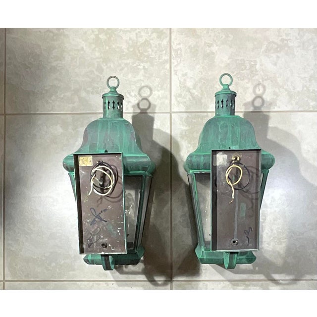 Pair of Vintage Colonial Solid Brass Wall Lanterns. 20”h X 8”.5w X 12”d For Sale - Image 10 of 18