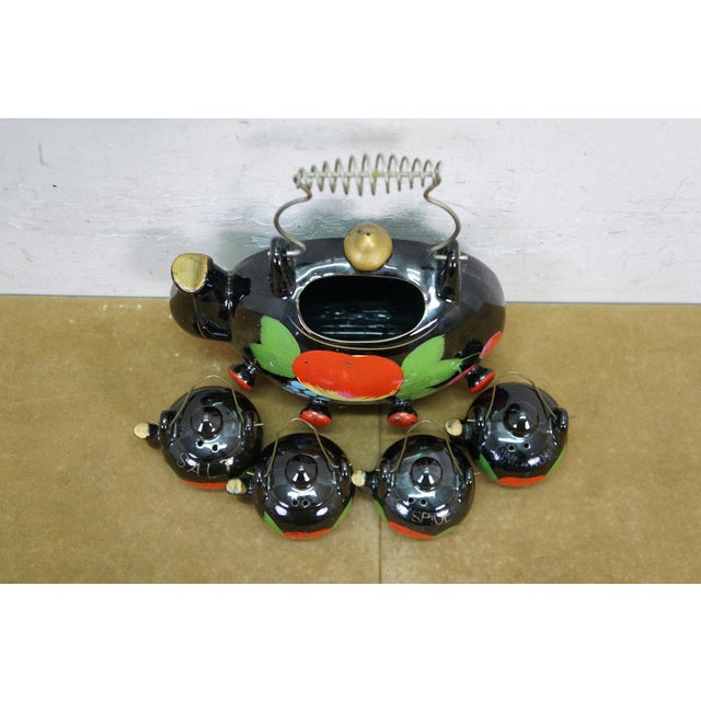 Mid 20th Century Japanese Redware Kitchen Wall Pocket Spice Rack Tea Coffee Shakers Set 8" For Sale - Image 6 of 18