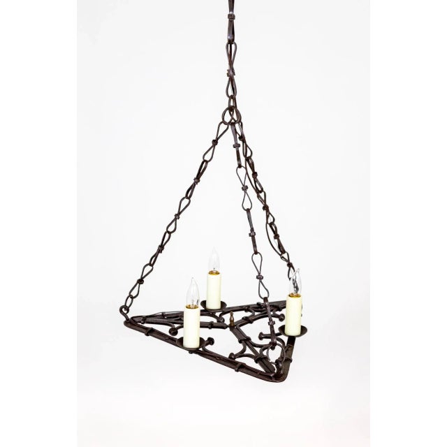Early 20th Century Flat Triangular Wrought Iron Gothic Revival 3-Light Chandelier For Sale - Image 11 of 11