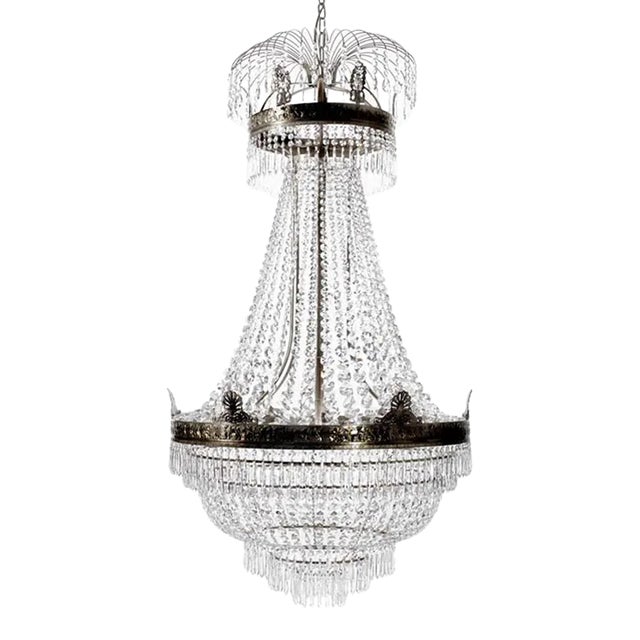 Classic Large Dark Brass Empire Chandelier With Crystal Octagons For Sale